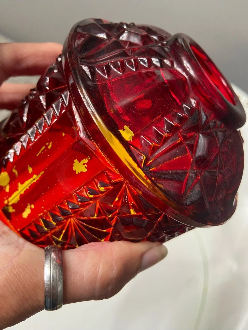 Vintage INDIANA GLASS Fairy Lamp Ruby Flash Red over Amber STARS & BARS - Picture 13 of 17